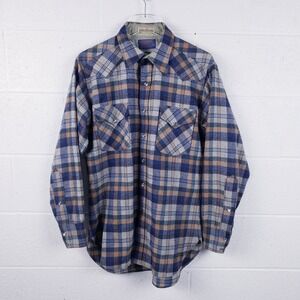 VIntage 70s Pendleton High Grade Western Wear Blue Brown Plaid Wool Shirt Medium